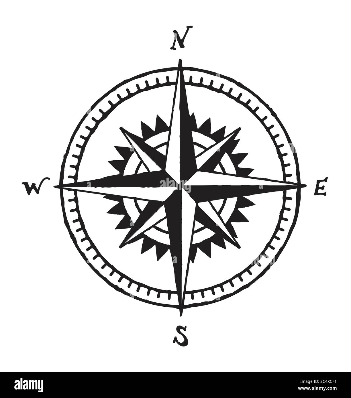 Handgezeichnete Retro-Wind Rose Kardinalpunkte Illustration. Schwarz und weiß Kompass Symbol Tattoo Zeichnung. Stock Vektor