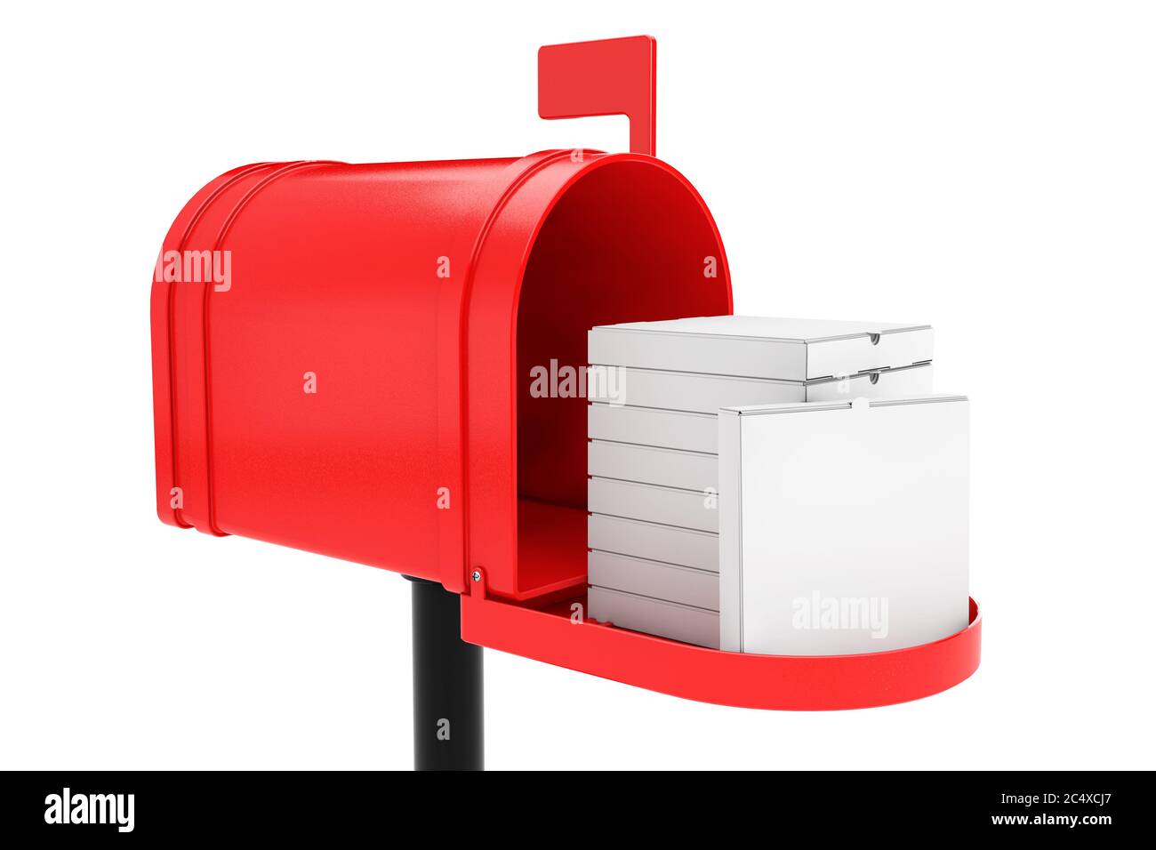 Stapel von weißen leeren Karton Pizza Boxen in Red Mailbox auf weißem Hintergrund. 3d-Rendering Stockfoto