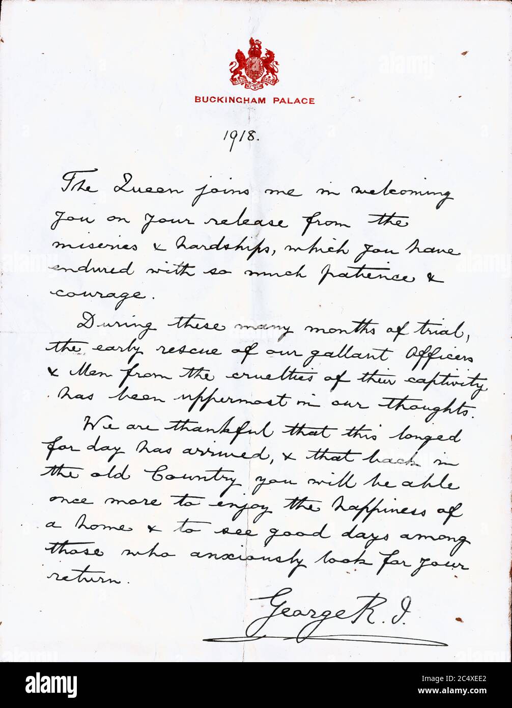 King George V Brief an britische Kriegsgefangene über ihre Freilassung 1918 Stockfoto