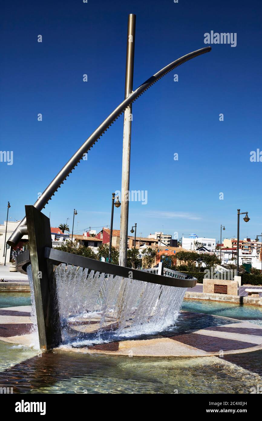 La Malvarrosa Wasserboat Brunnen (Fuente del Barco de Agua) Malvarrosa Promenade, Valencia, Spanien Stockfoto