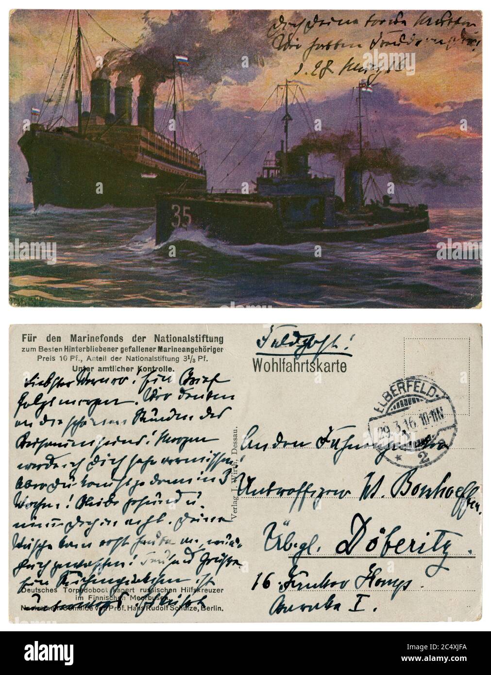 Deutsche historische Postkarte: Ein Torpedos-Boot fängt einen russischen Hilfskreuzer (bewaffneter Dampfer) im Finnischen Meerbusen, Kaiserliche Deutsche Marine, 1916 Stockfoto