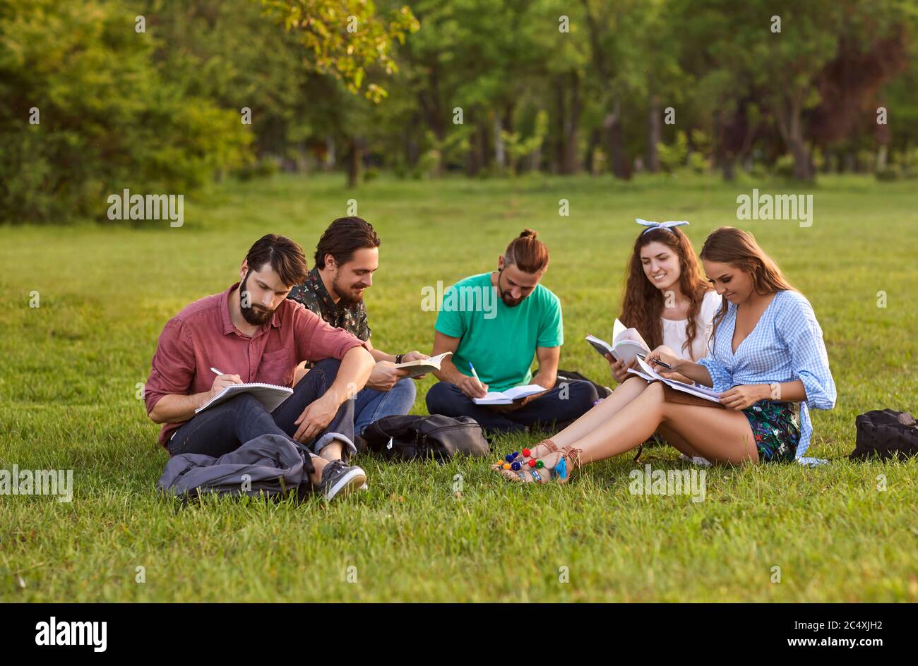 Gruppe von jungen Studenten mit Büchern und Notizbüchern studieren zusammen im Park. Freunde machen Hausaufgaben im Freien Stockfoto