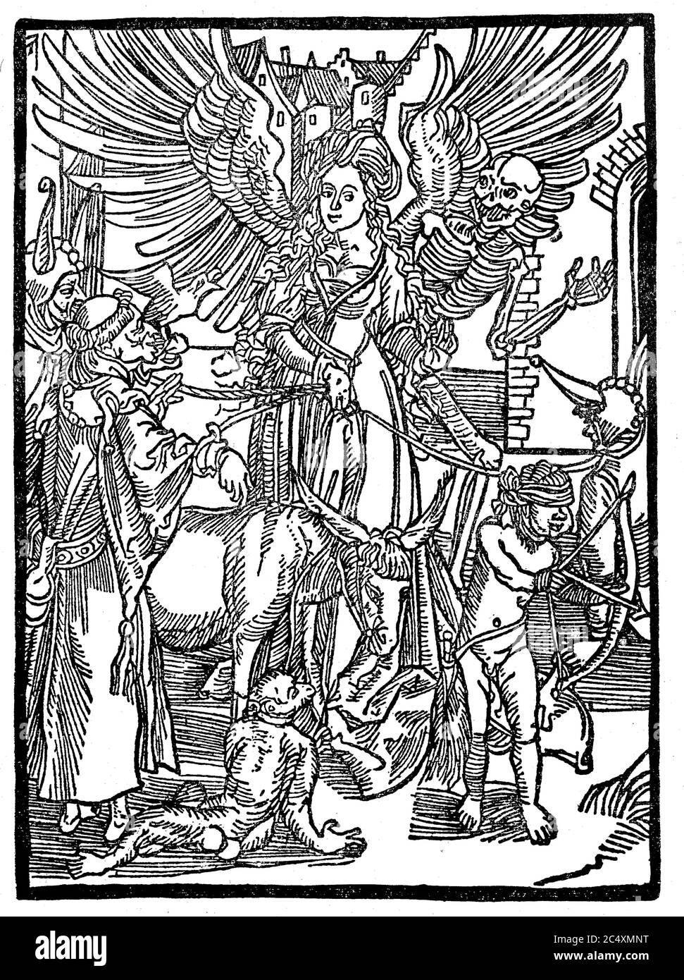 Venus, begleitet von Amor und Tod, ein Esel und Affe hält Menschen im Schlepptau. Aus Sebastian Brants Schiff der Narren, 1494 / Venus, von Amor und Tod, einem Esel und Affen begleitet, haelt die Menschen im Schlepptau. Aus Sebastian Borts Narrenschiff, 1494 Stockfoto