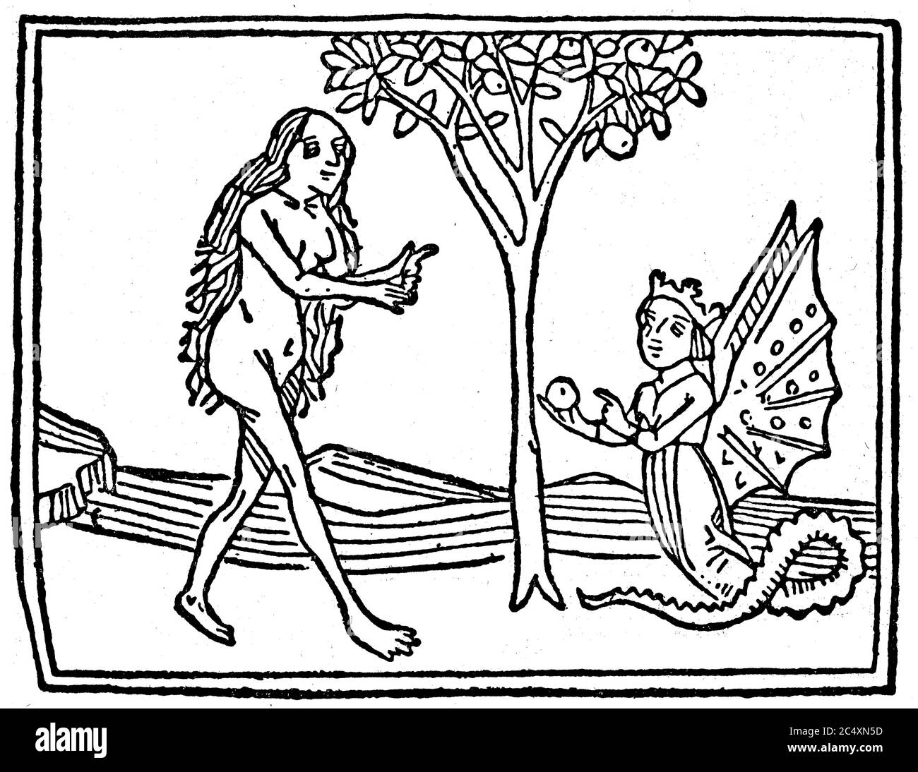 Eva und die Schlange, aus dem Spekulum, Humanae salvationis 1470 / Eva und die Schlange, aus dem Speculum humanae salvationis, 1470 Stockfoto