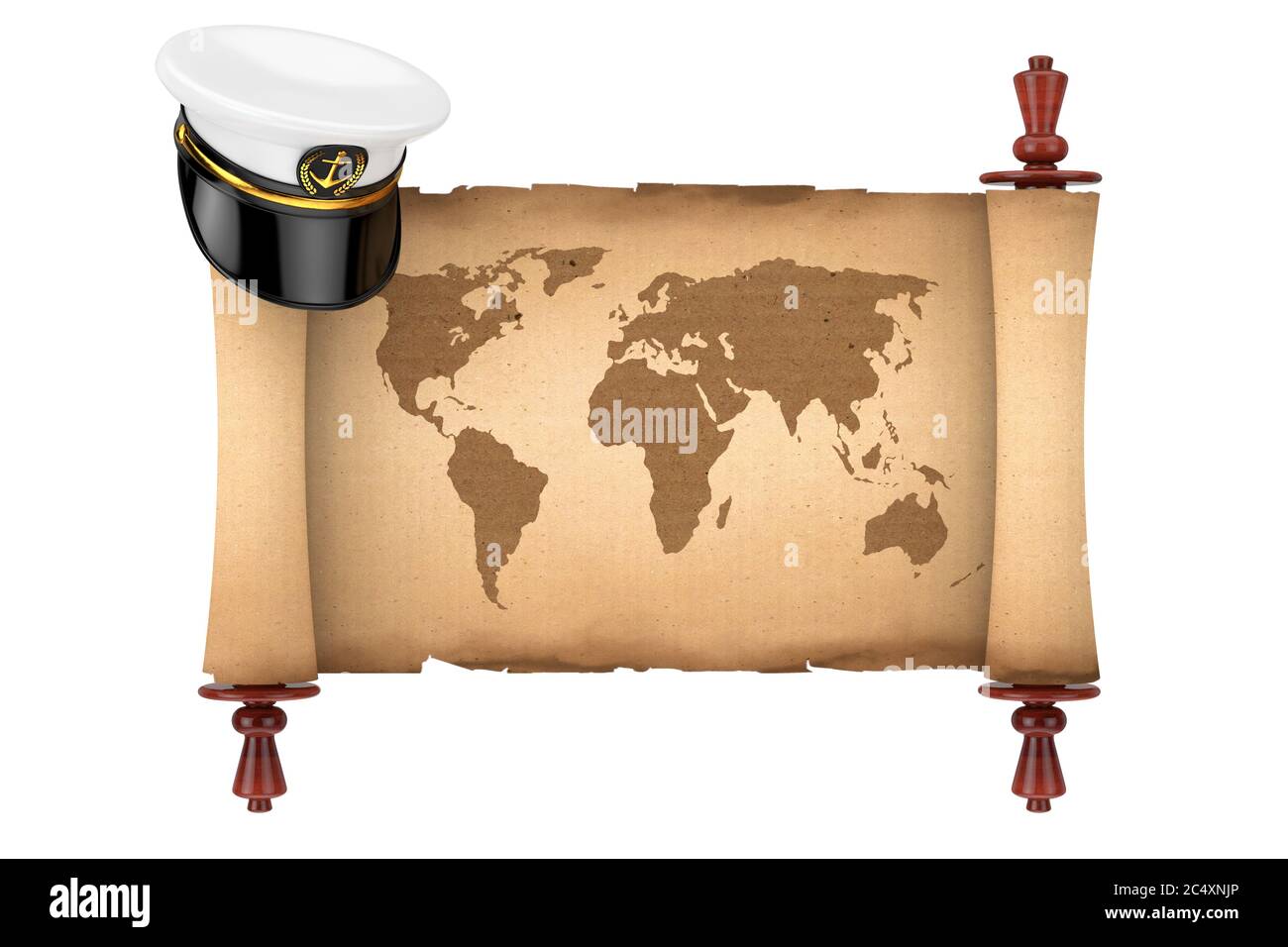 Marineoffizier, Admiral, Kapitän der Marine Hut über altem Papierrollen Pergament mit Weltkarte auf weißem Hintergrund. 3d-Rendering Stockfoto