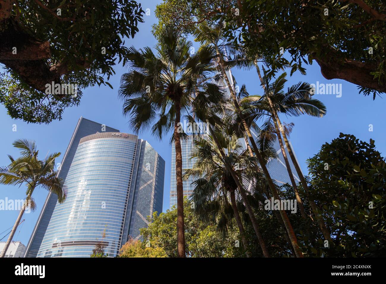 HONGKONG, CHINA - UM 2020. Bank of China Tower und ICBC Gebäude, Ansicht von unten. Konzept der modernen Stadt und Architektur Stockfoto