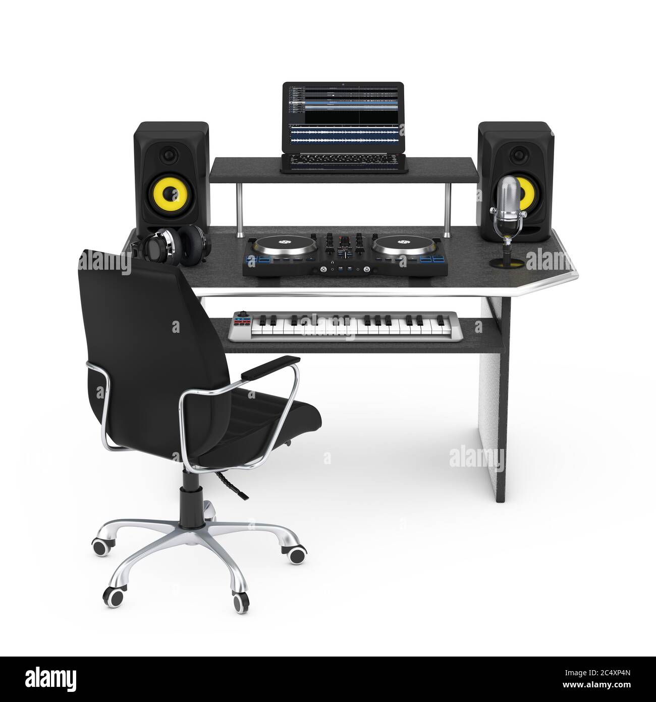 Modernes Recording Music Home Studio mit elektronischen Geräten und Instrumenten auf weißem Hintergrund. 3d-Rendering Stockfoto