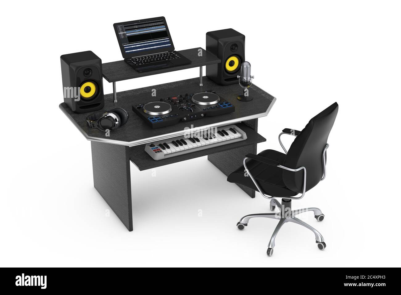 Modernes Recording Music Home Studio mit elektronischen Geräten und Instrumenten auf weißem Hintergrund. 3d-Rendering Stockfoto