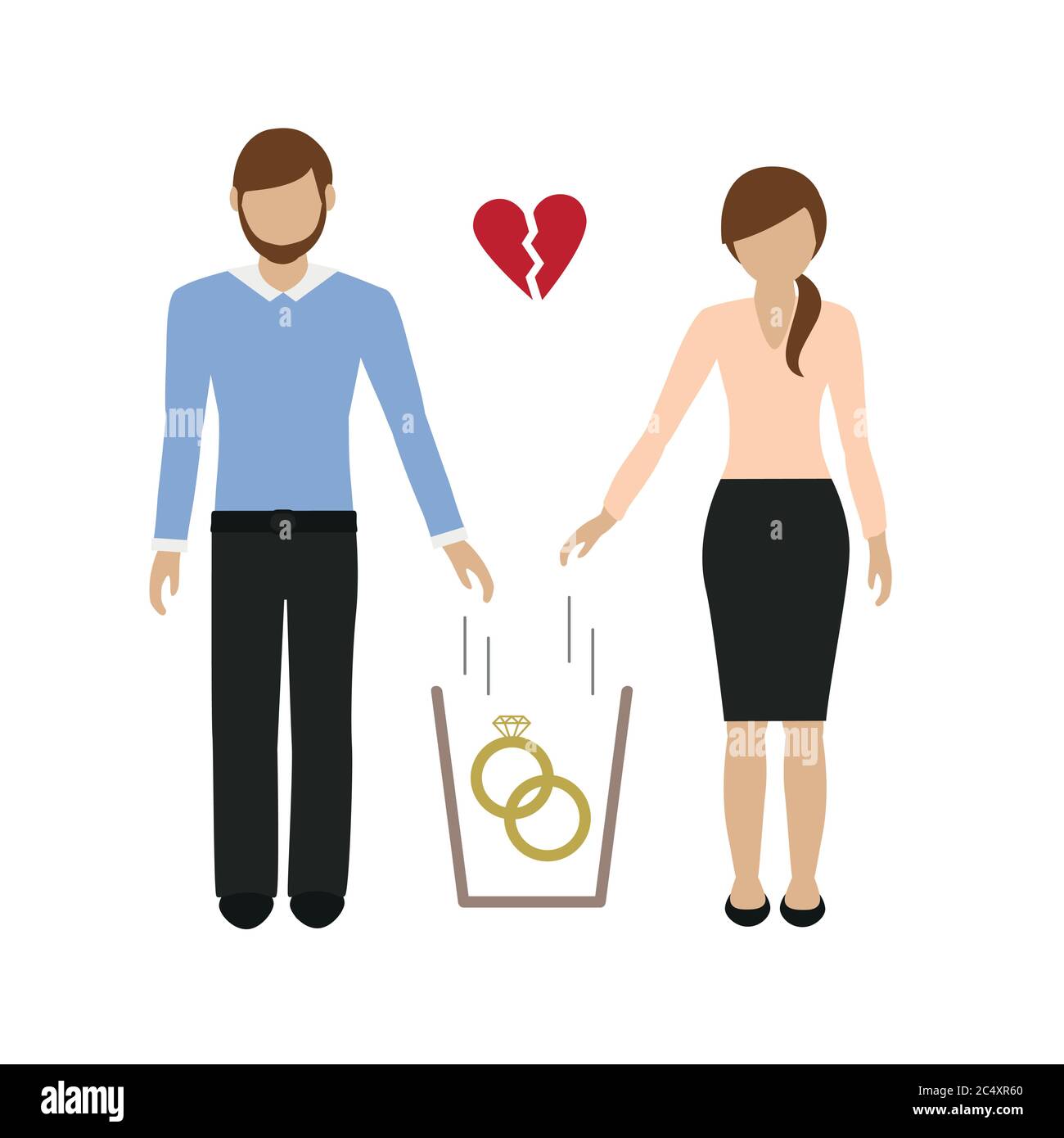 Frau und Mann wirft Eheringe in den Papierkorb Vektor Illustration EPS10 Stock Vektor