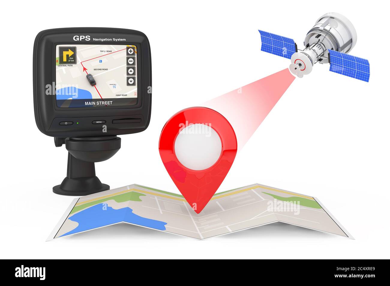 Moderne Satelliten-Übertragung zur Navigationskarte mit Kartenzeiger Nahe Navigation GPS-Gerät mit Stadtplan auf dem Bildschirm auf weißem Hintergrund. 3d-Rende Stockfoto