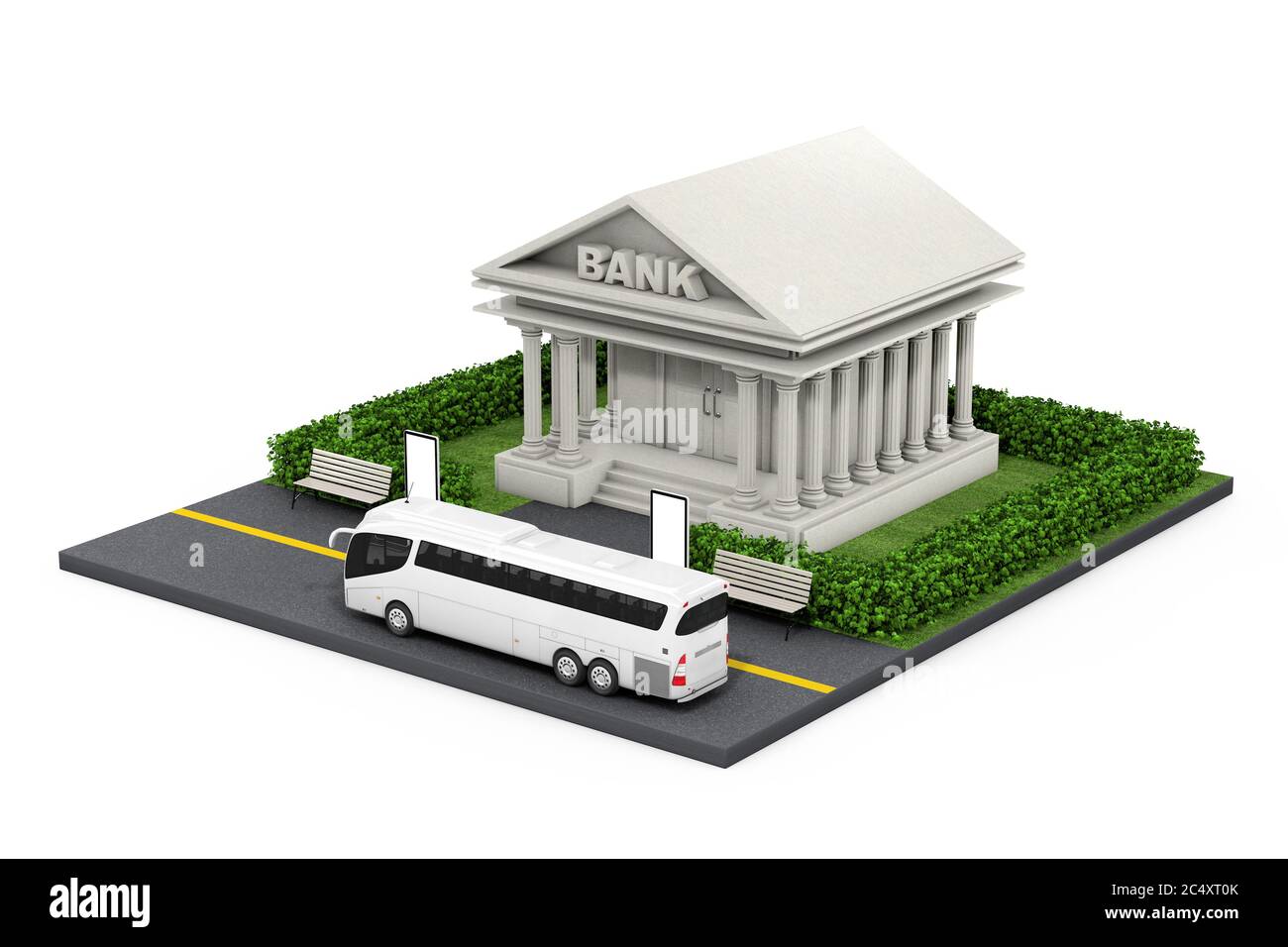 Isometrisches Bankfinanzierungsgebäude in der Stadt auf weißem Hintergrund. 3d-Rendering Stockfoto