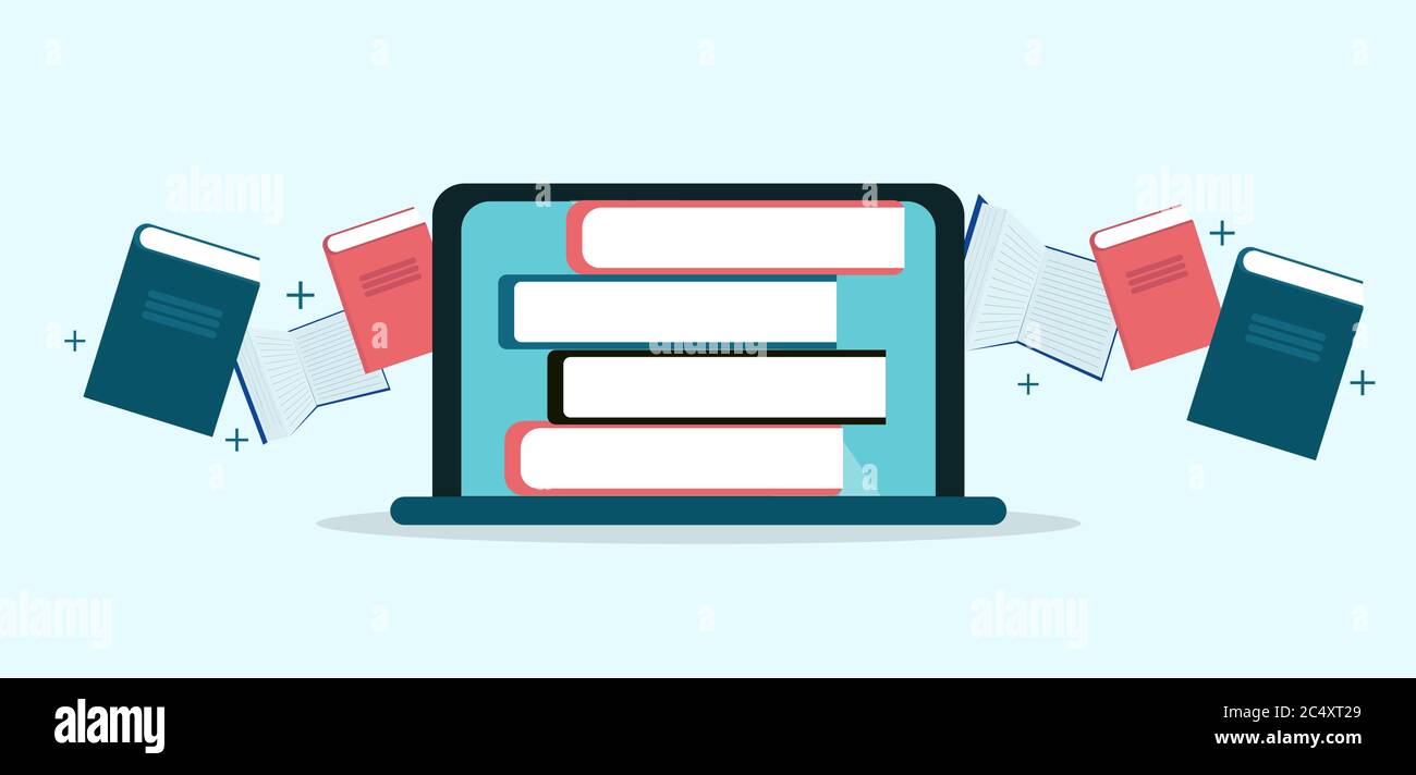 Ullustrative Bild, Bücher fliegen in Laptop, Panorama Stock Vektor