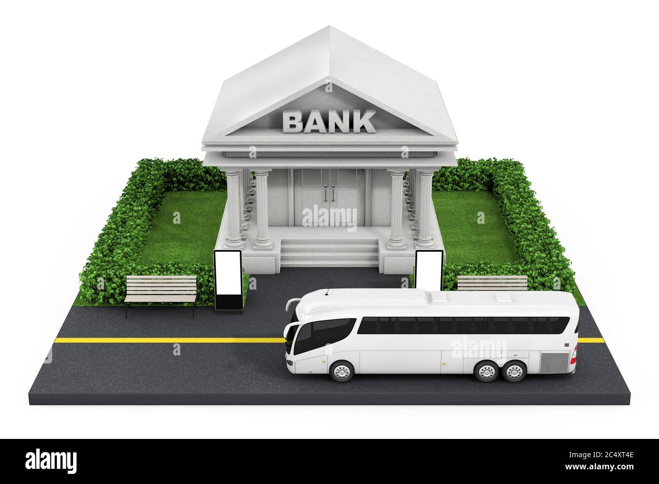 Isometrisches Bankfinanzierungsgebäude in der Stadt auf weißem Hintergrund. 3d-Rendering Stockfoto