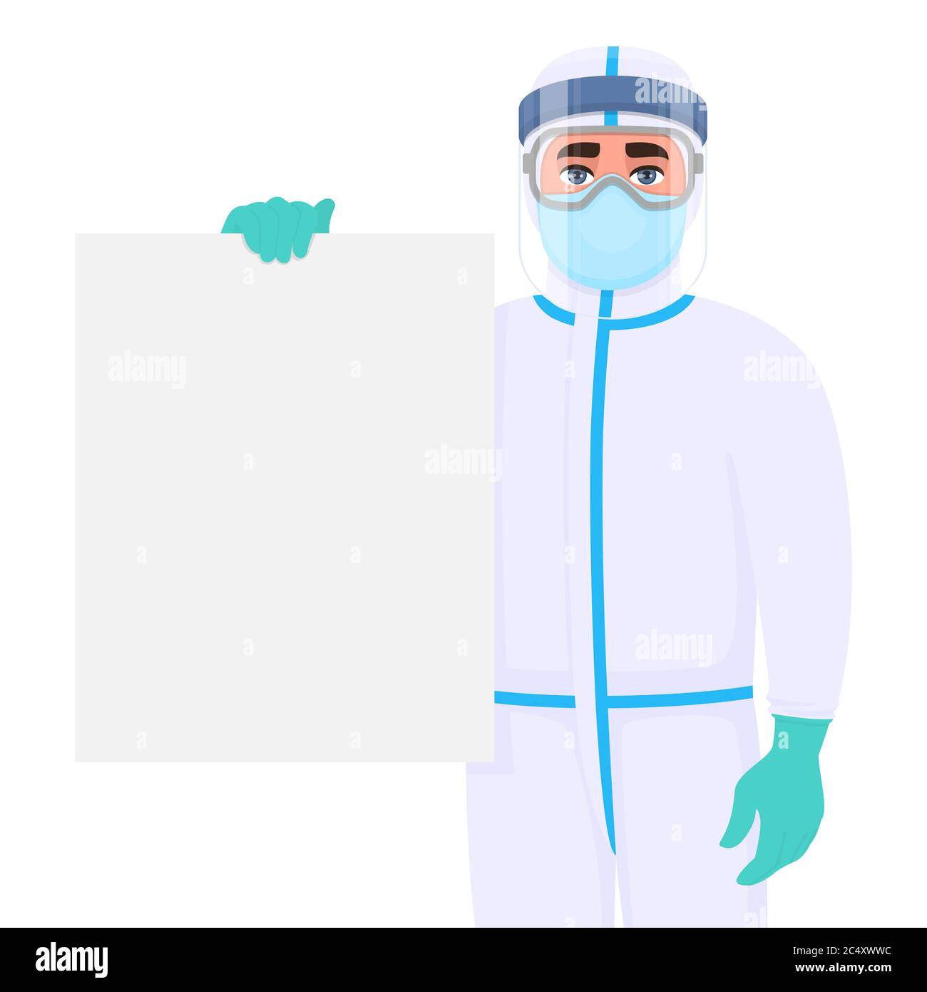 Arzt in Virenschutzanzug und mit leerem Poster. Medizinische Person mit leerem Banner. Arzt, der den Körper mit PSA bedeckt. Stock Vektor