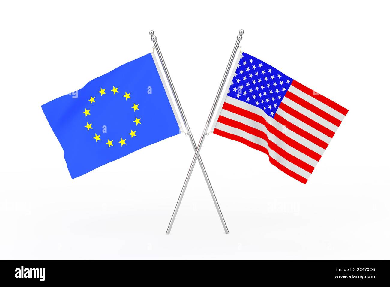 Gekreuzte Flaggen der USA und der Europäischen Union auf weißem Hintergrund. 3d-Rendering Stockfoto