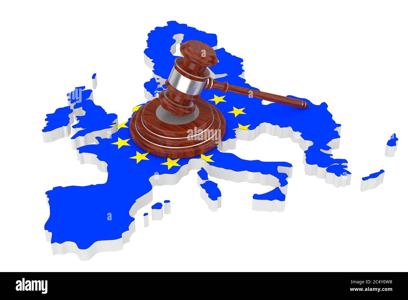 Konzept Der Europäischen Union Für Justiz. Holzfahne mit Soundboard über EU Karte mit Flagge auf weißem Hintergrund. 3d-Rendering Stockfoto