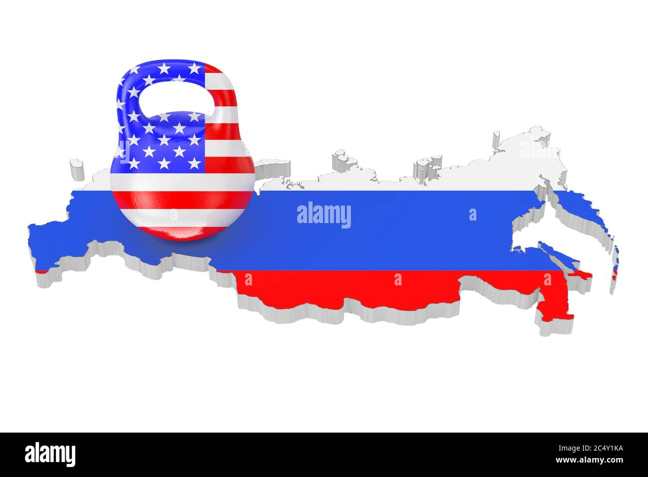 Sanktionskonzept. Eisen Kettlebell mit USA Flagge über Russland Karte mit Flagge auf weißem Hintergrund. 3d-Rendering Stockfoto