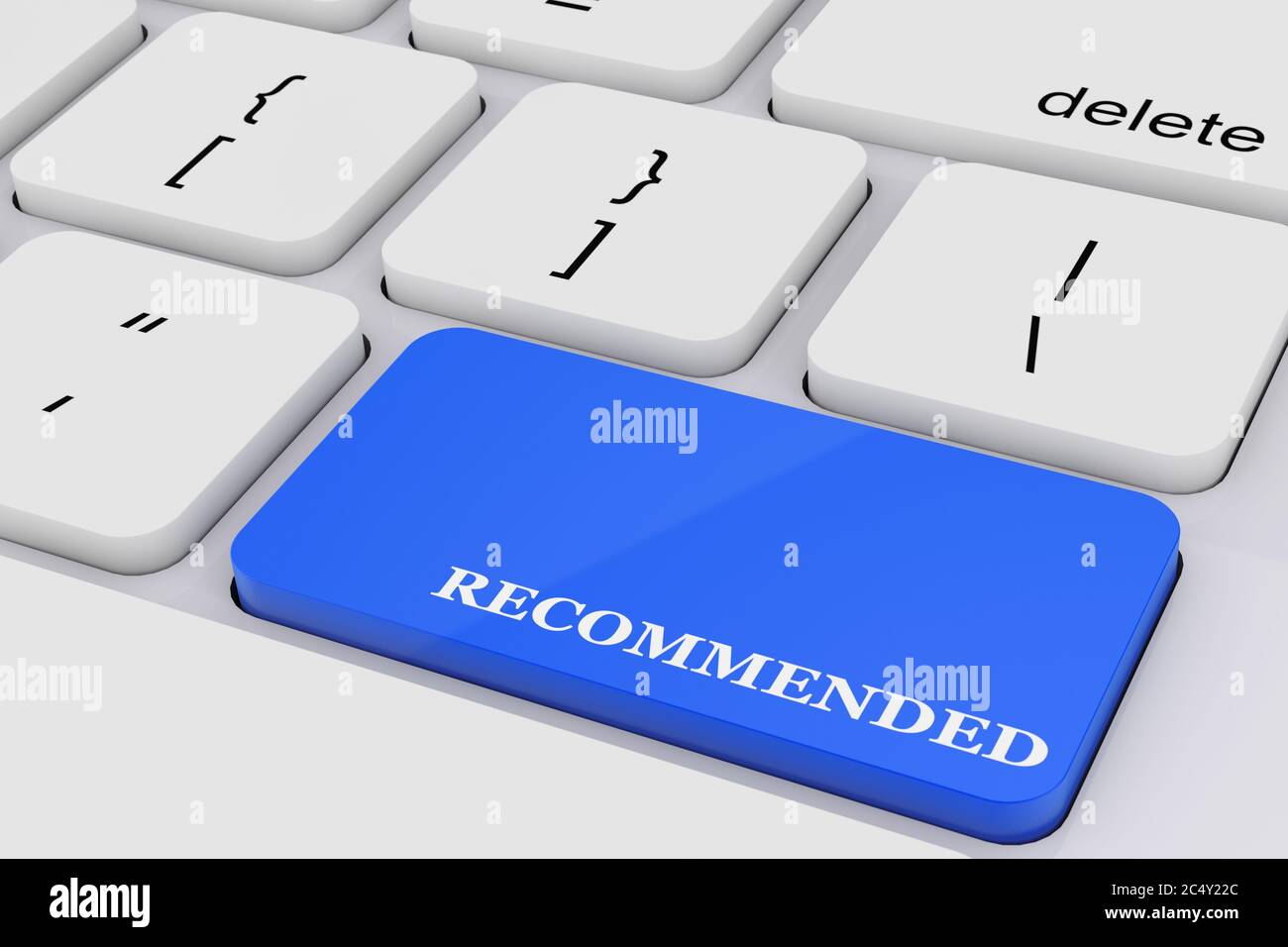 Blaue empfohlene Taste auf der weißen PC-Tastatur extreme Nahaufnahme. 3d-Rendering Stockfoto