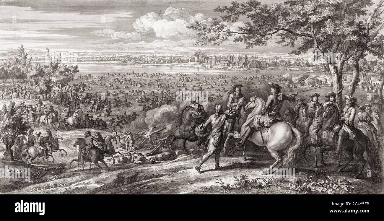 Die französische Armee überquert den Rhein in die Niederen Länder im Jahr 1672, zu Beginn des Französisch-Niederländischen Krieges, oder Niederländischen Krieg. Aus einem Druck aus dem 17. Jahrhundert von Charles Louis Simonneau, nach einer Arbeit von Adam Frans van der Meulen. Stockfoto