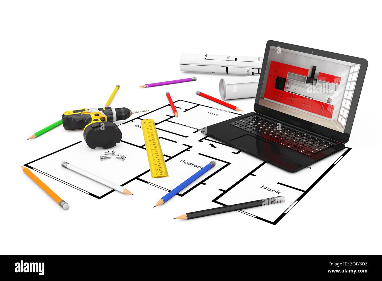 Bohrer, Lineal, Stifte, Laptop und Blueprints von Housing Project Plan auf weißem Hintergrund. 3d-Rendering Stockfoto