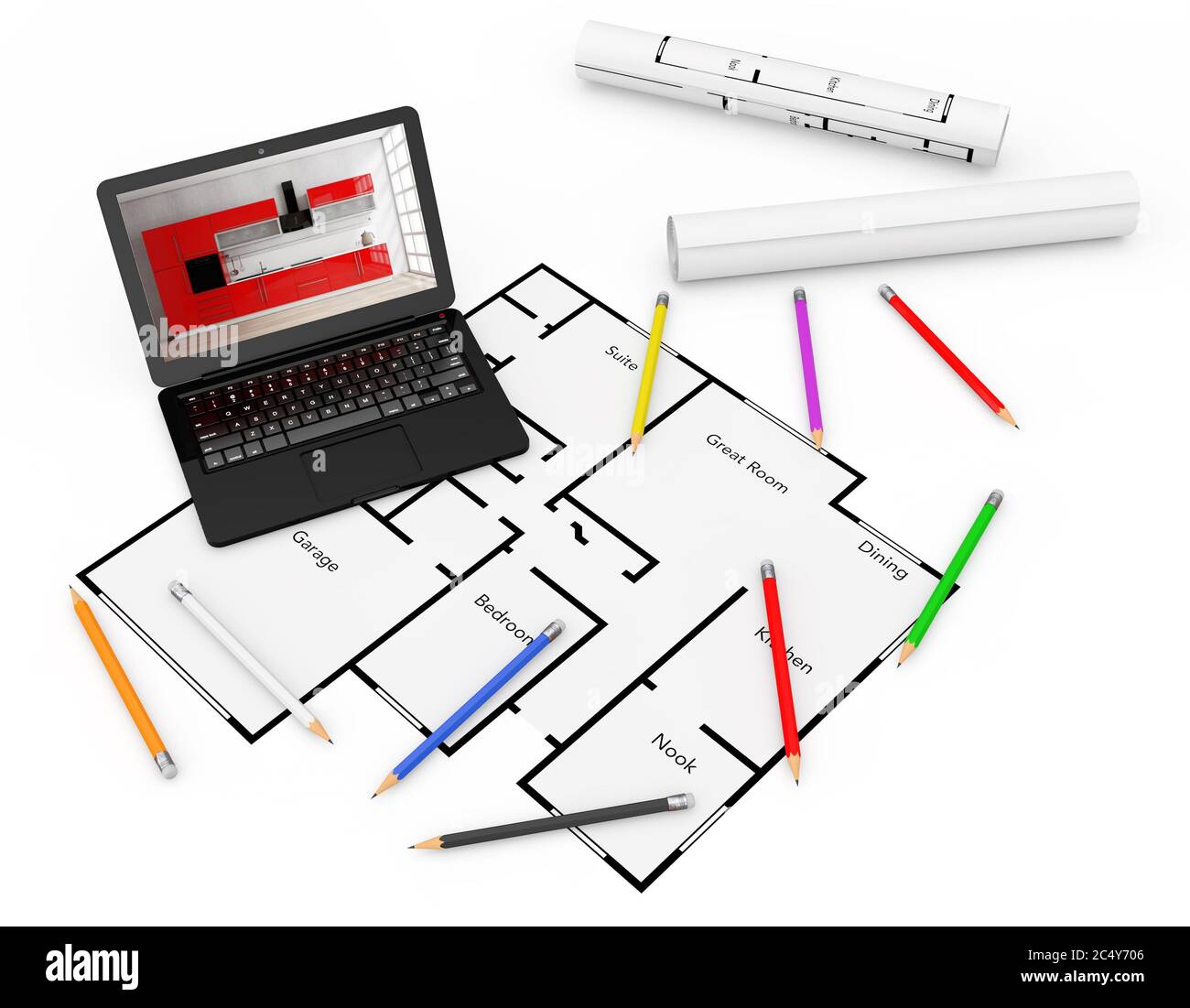 Bleistifte, Laptop und Blaupausen des Wohnprojekts Plan auf weißem Hintergrund. 3d-Rendering Stockfoto