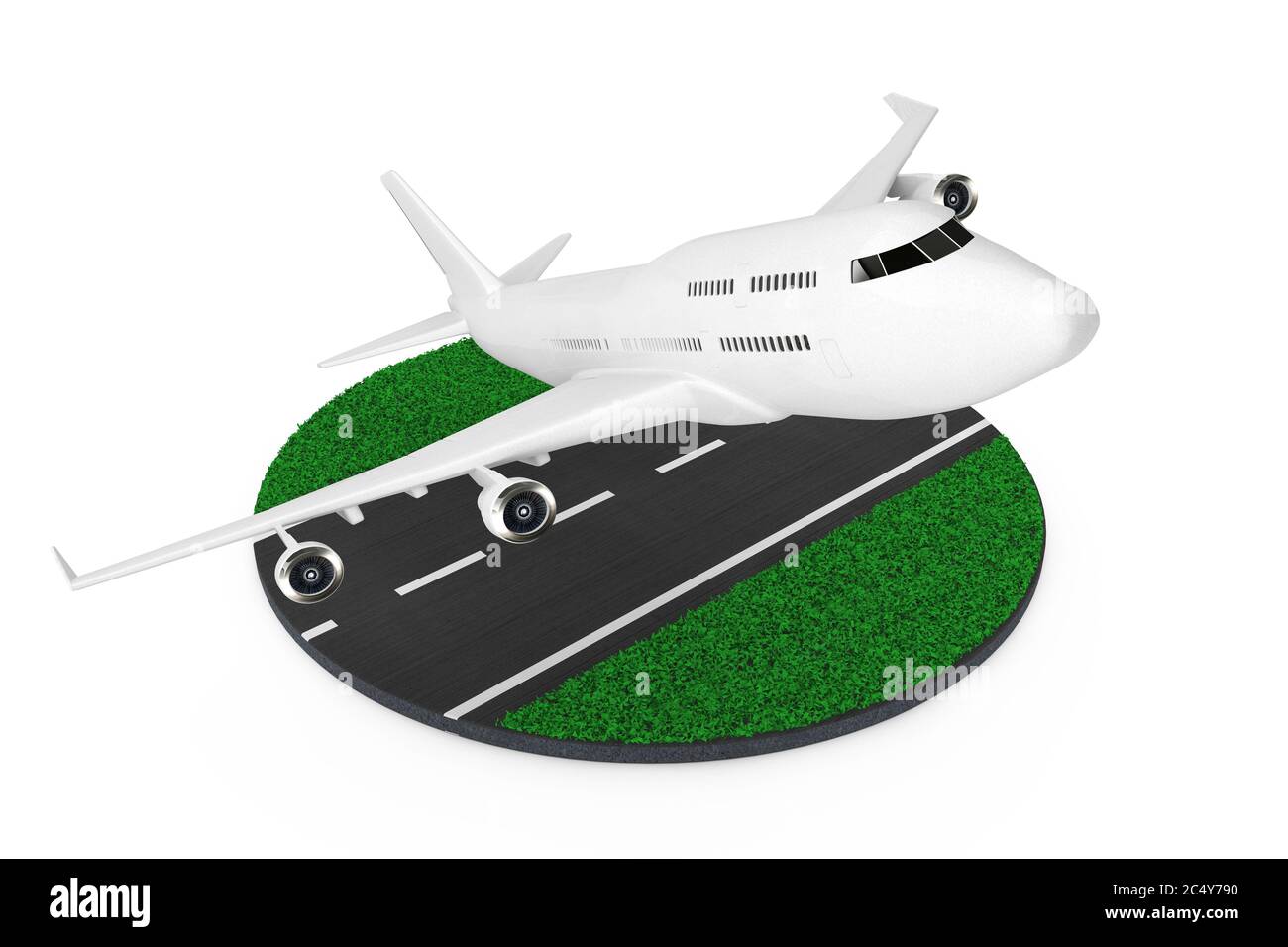 White Jet Passagierflugzeug Start von der Abstract Runway auf weißem Hintergrund. 3d-Rendering. Stockfoto