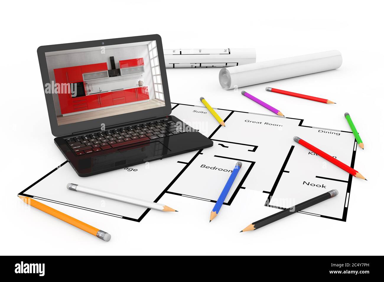 Bleistifte, Laptop und Blaupausen des Wohnprojekts Plan auf weißem Hintergrund. 3d-Rendering Stockfoto