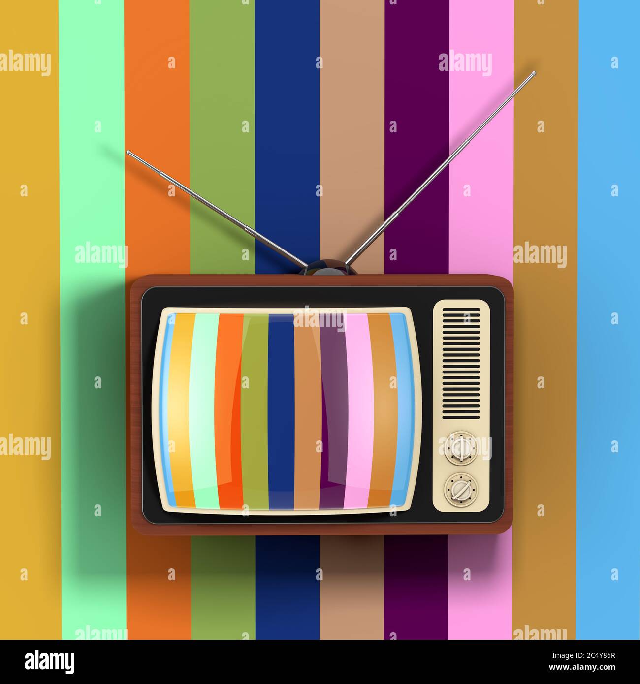 Classic Vintage Rare Fernseher vor dem Hintergrund der abgestreiften mehrfarbigen Wand. 3d-Rendering Stockfoto