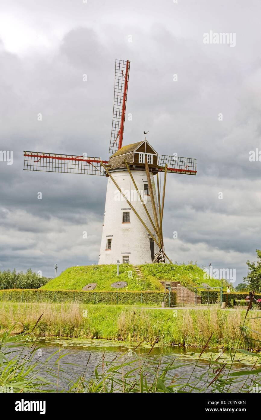 Hoeke Windmühle, alt, Energieerzeugung, hohe Gräser, Wasser, schwere Wolken, ländlich, Europa; Damme; Belgien, Sommer Stockfoto