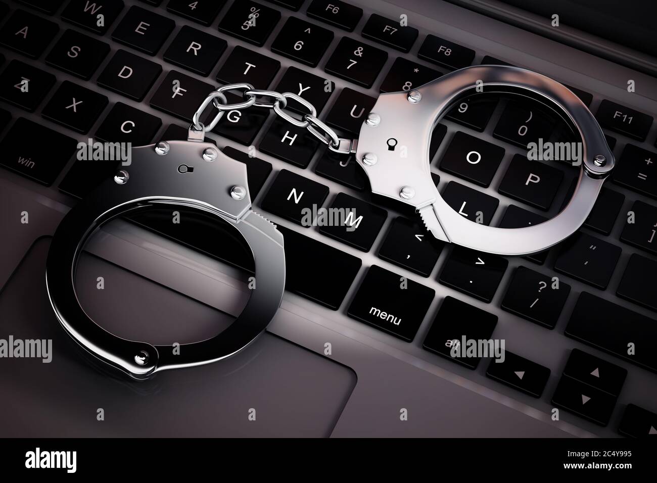Konzept Für Cyberkriminalität. Handschellen auf Laptop-Computer extreme Nahaufnahme. 3d-Rendering Stockfoto