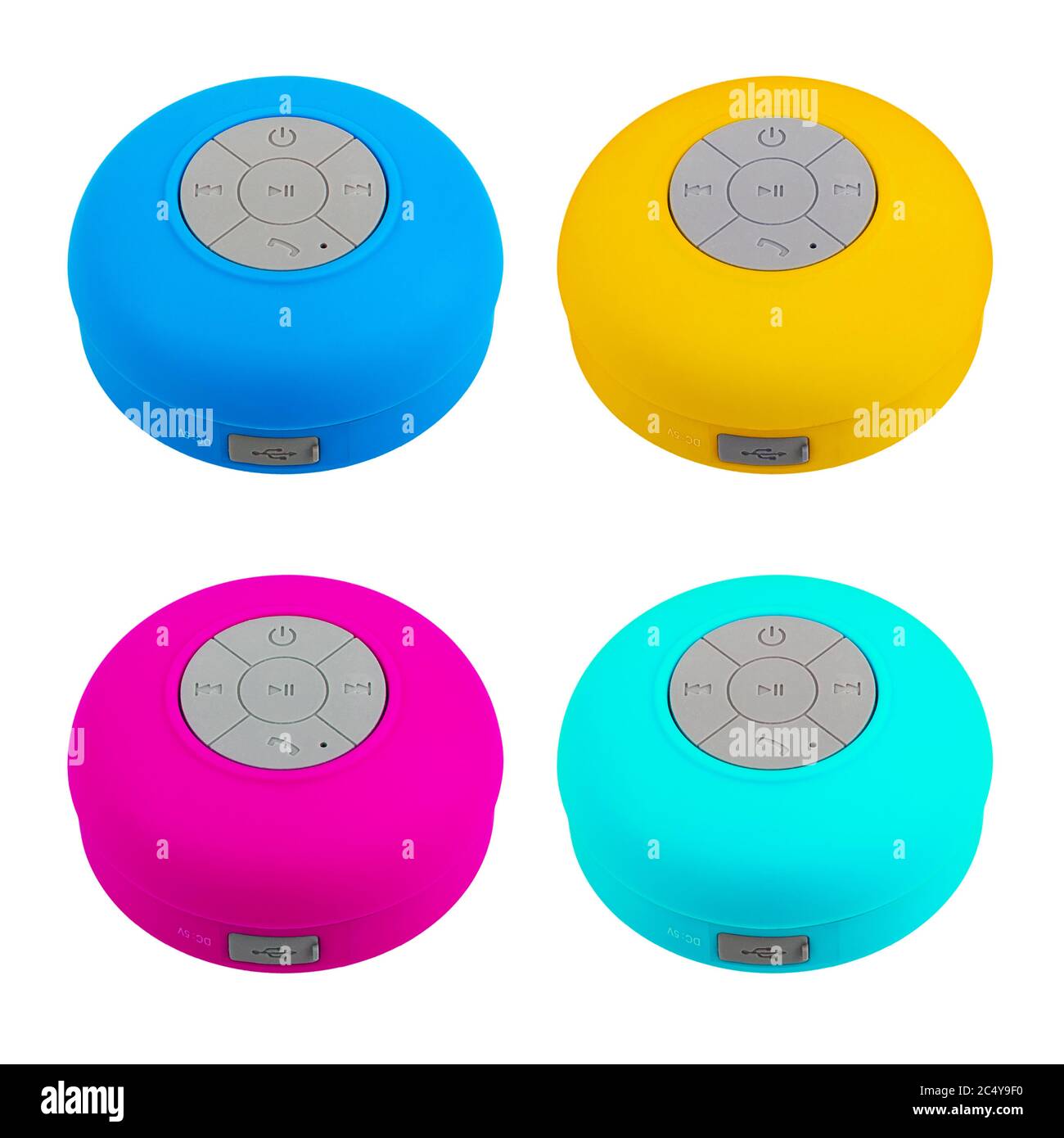 Mini Multicolor wasserdichter Bluetooth kabelloser Lautsprecher mit Handy-Bedienknöpfe auf weißem Hintergrund Stockfoto