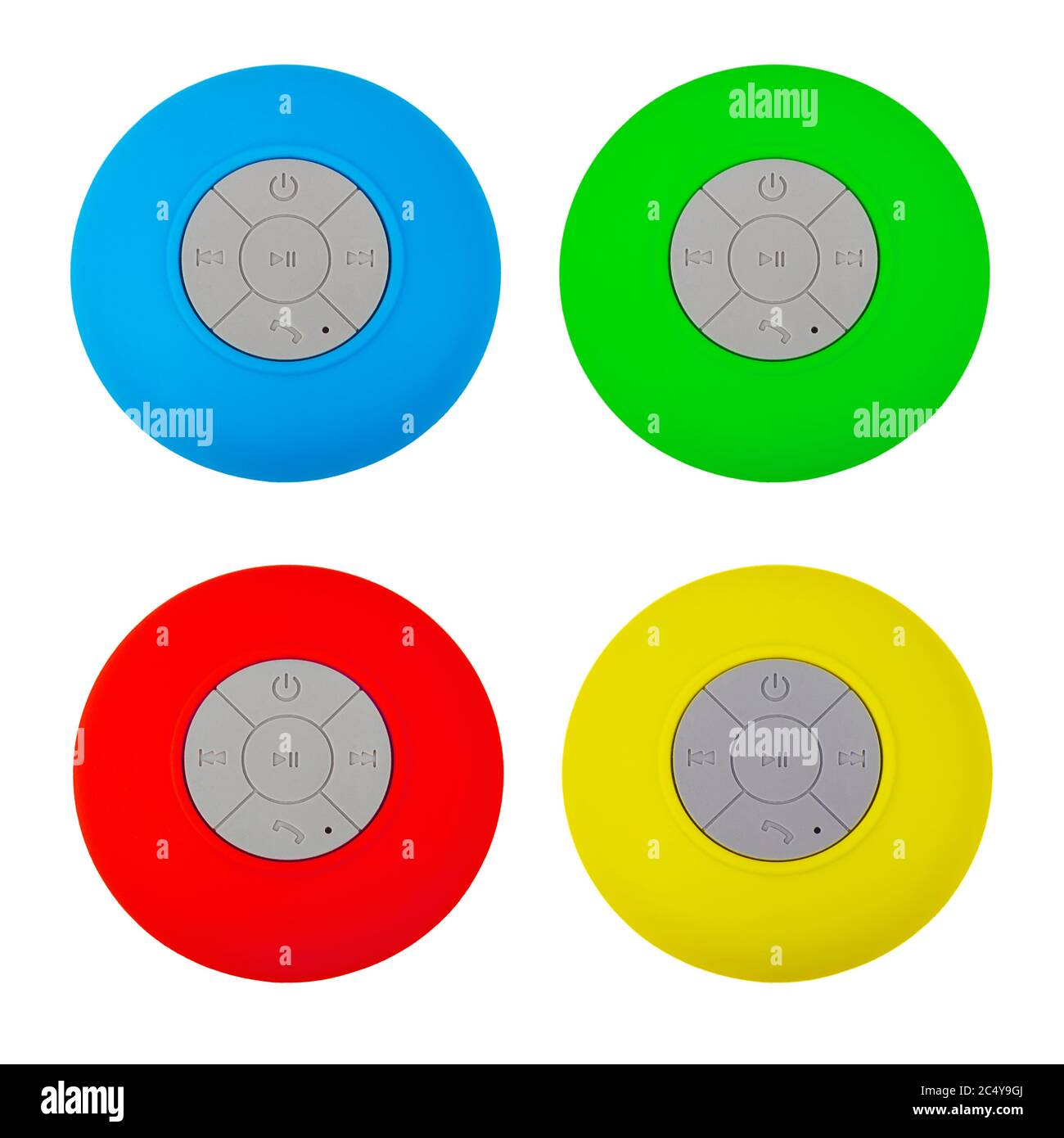 Mini Multicolor wasserdichter Bluetooth kabelloser Lautsprecher mit Handy-Bedienknöpfe auf weißem Hintergrund Stockfoto