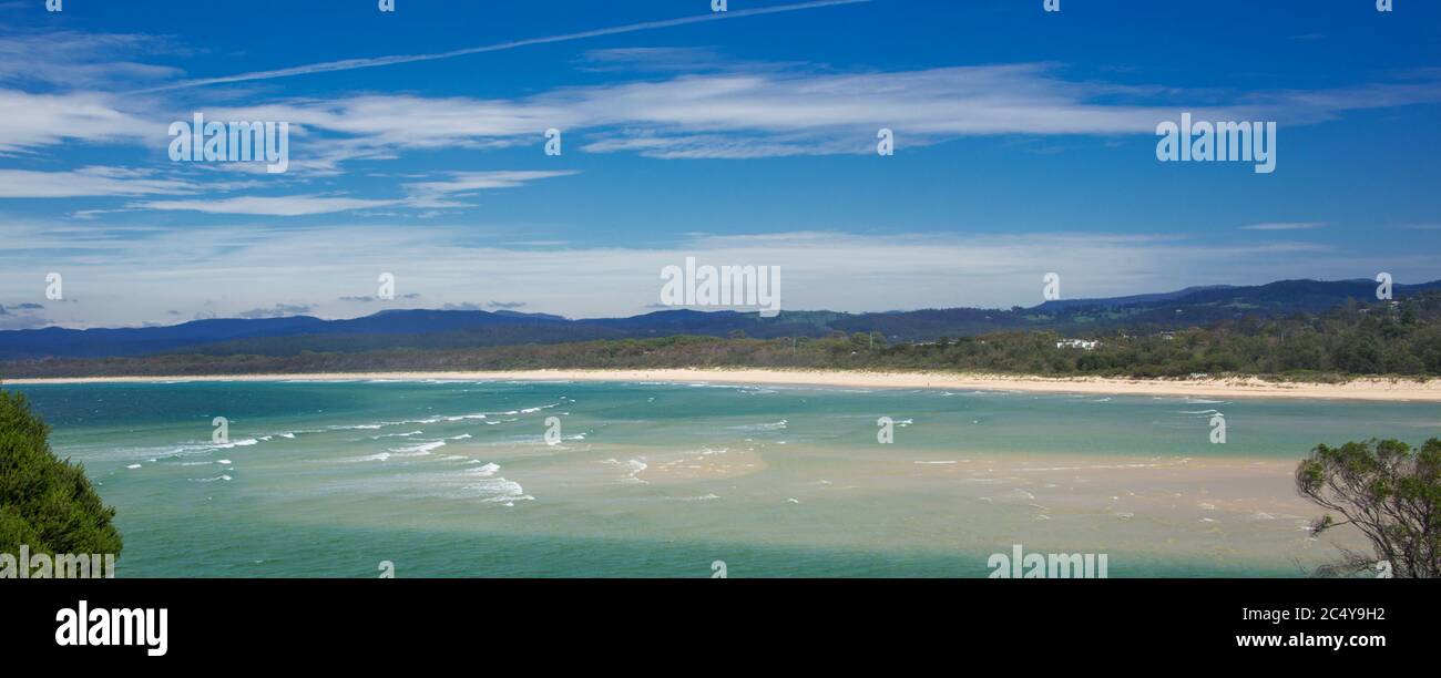Panoramablick Merimbula Main Beach NSW Australien Stockfoto