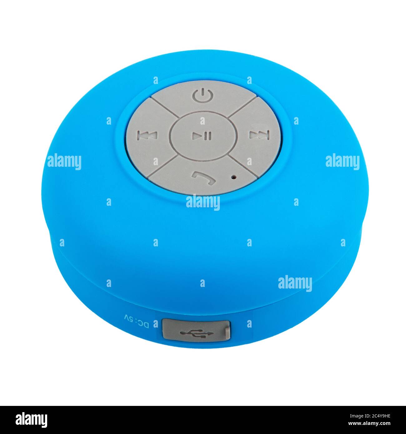 Wasserdichter Bluetooth-Lautsprecher in Mini Blue mit Bedienknöpfe für Mobiltelefone auf weißem Hintergrund Stockfoto