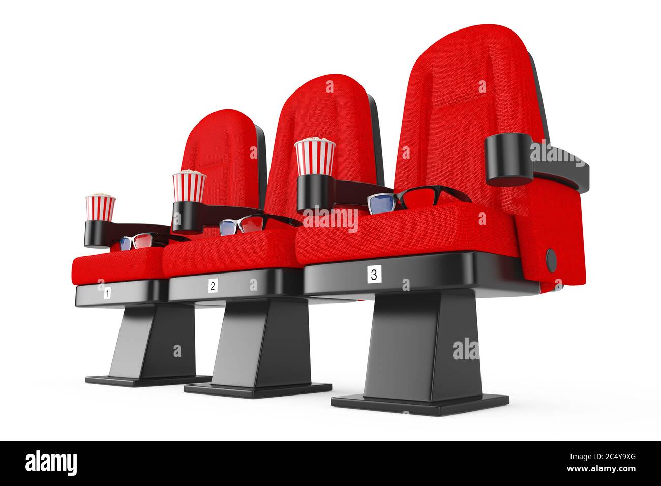 Red Cinema Movie bequeme Sessel mit Popcorn und 3d-Brille auf weißem Hintergrund. 3d-Rendering Stockfoto