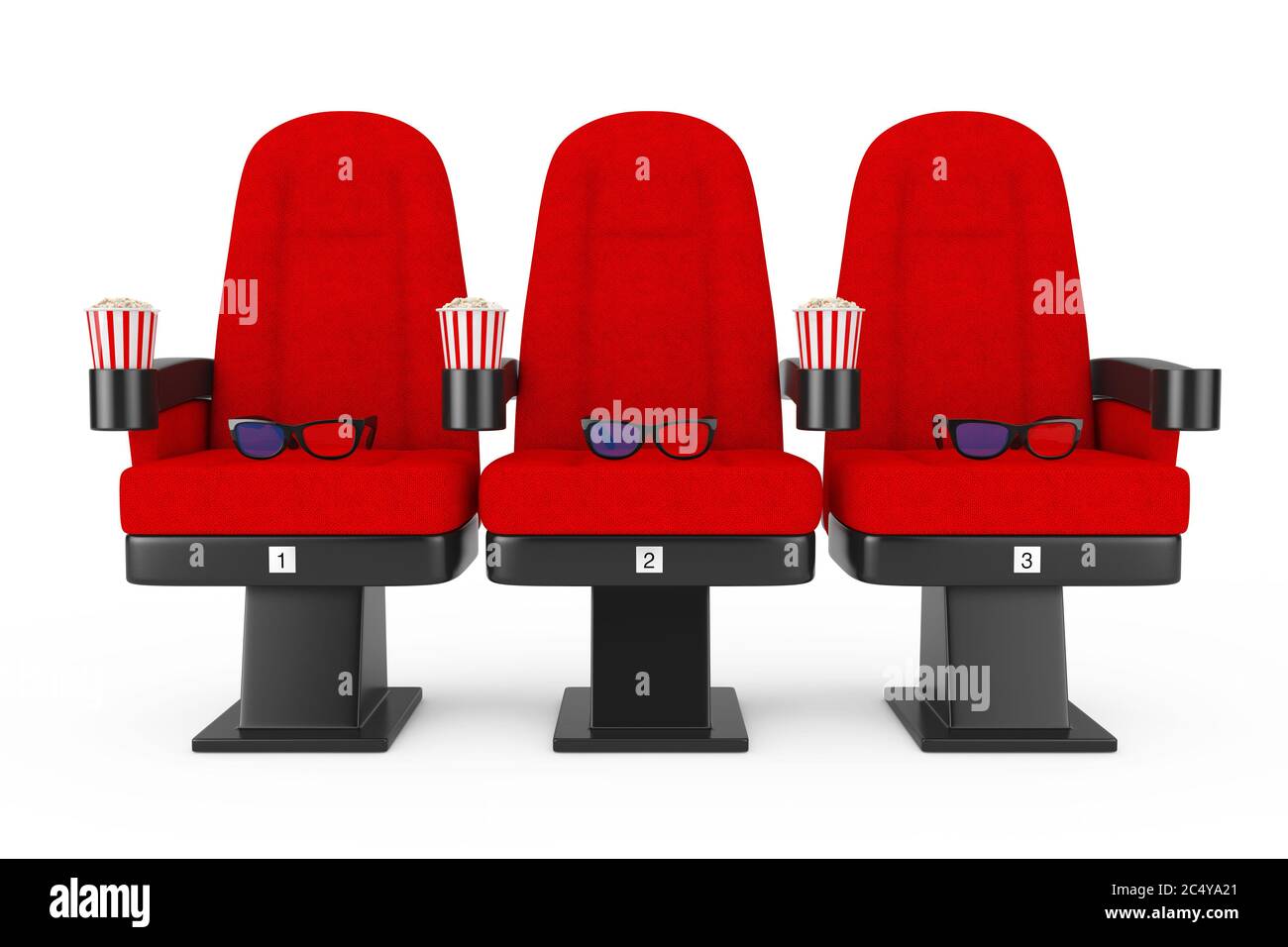 Red Cinema Movie bequeme Sessel mit Popcorn und 3d-Brille auf weißem Hintergrund. 3d-Rendering Stockfoto