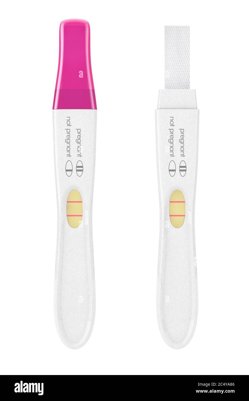 Positiver Plastic Pregnancy Test auf weißem Hintergrund. 3d-Rendering Stockfoto