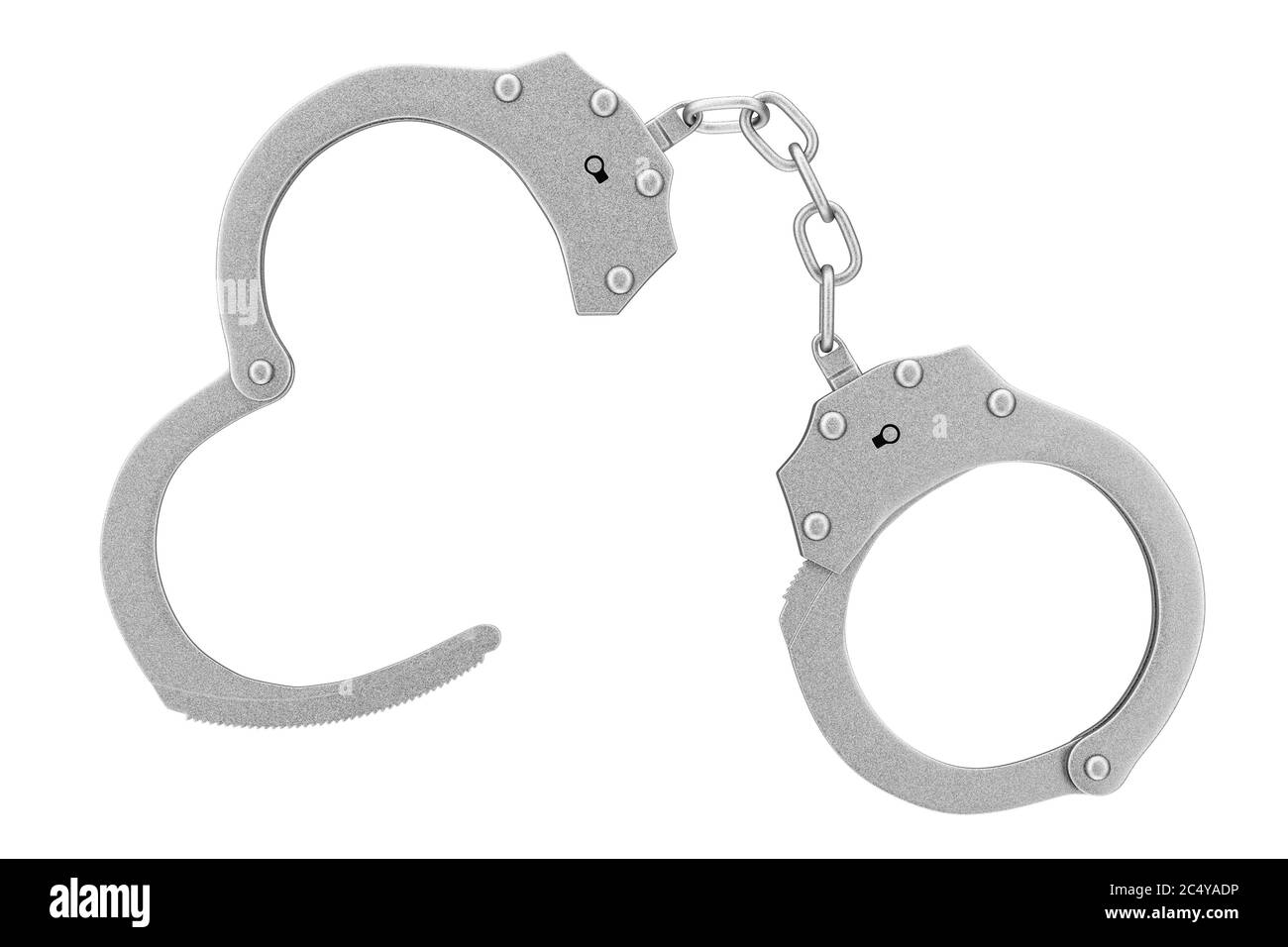 Konzept von Kriminalität und Recht. Metallhandschellen auf weißem Hintergrund. 3d-Rendering Stockfoto
