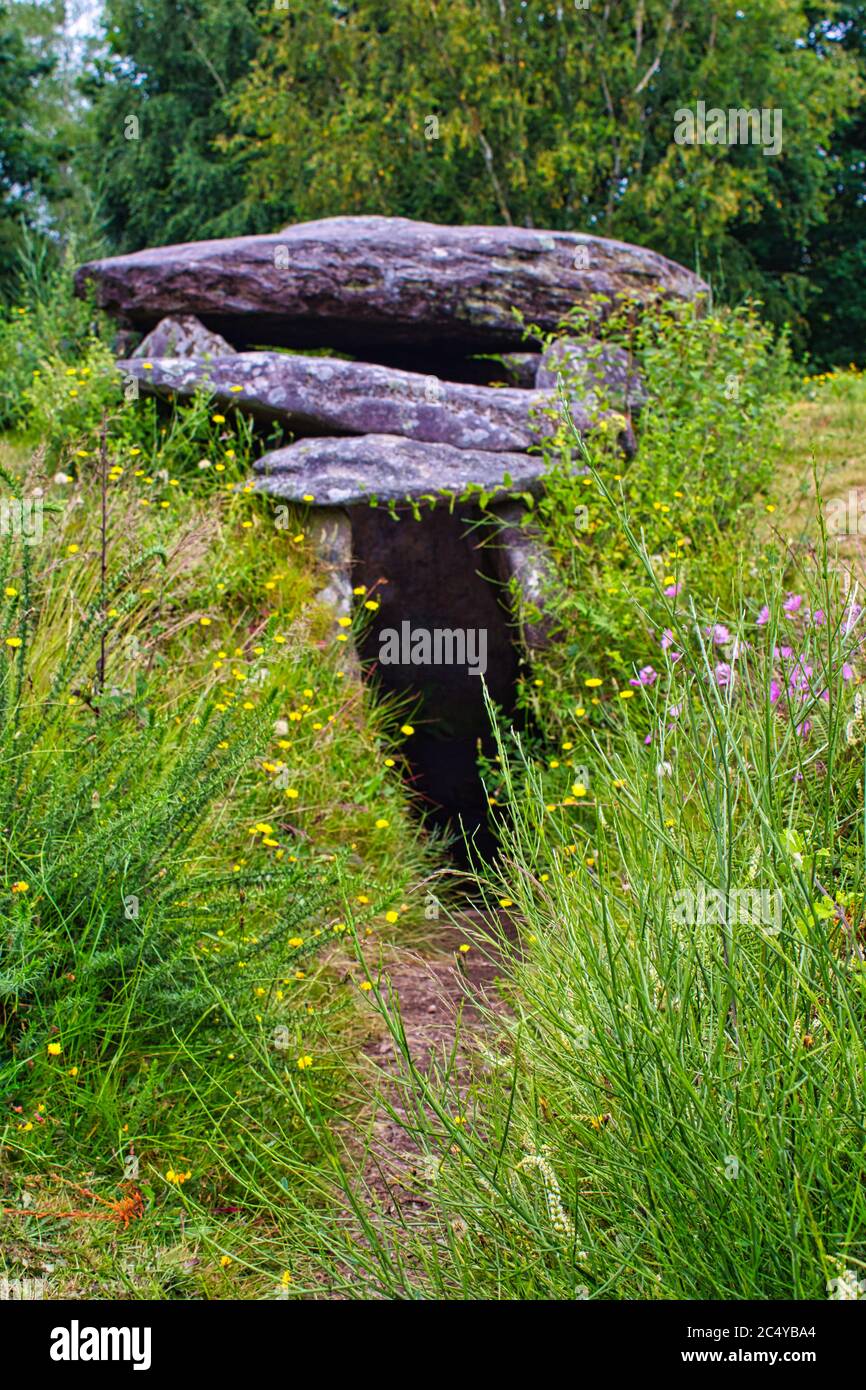 Prähistorisches Grabmal in Marin, Galicien, nordspanien. Es heißt ' Mamoa do Rei '. 3000 v. Chr. Dolmen im Jahr 2003 umgebaut. Stockfoto