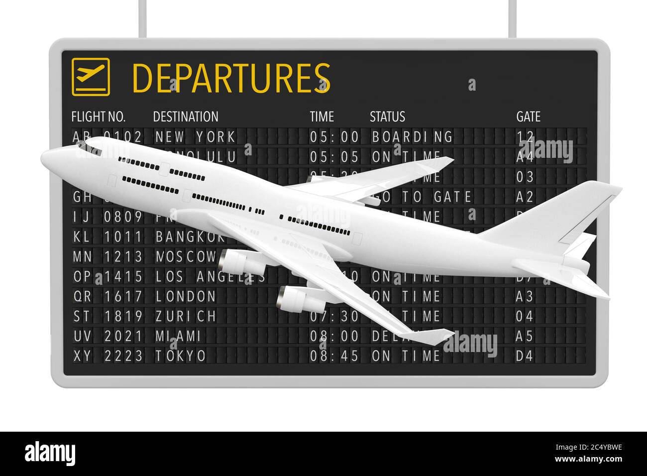 Flugreisekonzept. White Jet Passagierflugzeug in der Nähe des Flughafens Abflugstisch auf weißem Hintergrund. 3d-Rendering. Stockfoto