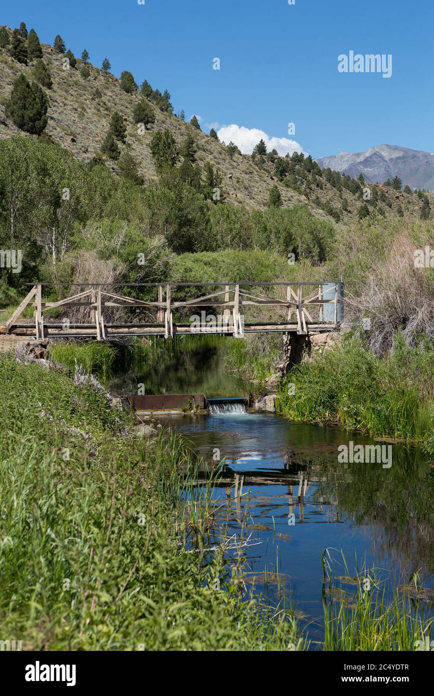 Alte, klapprige Holzbrücke über den unteren Felsbach unterhalb des Long Valley Dam und Crowley Lake Stockfoto