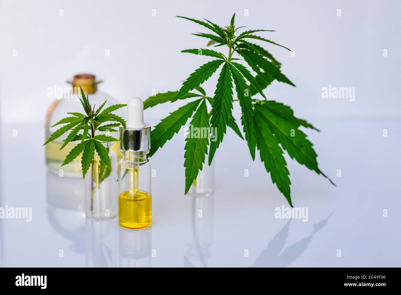 Pharmazeutische CBD-Öl- und Cannabistinktur auf einem weißen Labortisch Stockfoto
