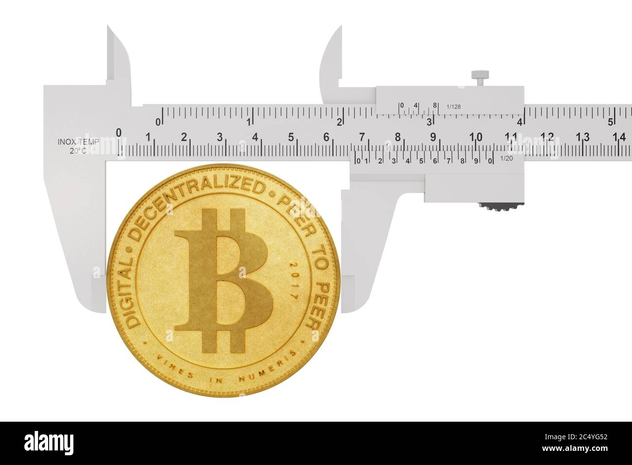 Digital- und Kryptowährungskonzept. Messschieber mit goldenem Bitcoin auf weißem Hintergrund. 3d-Rendering Stockfoto