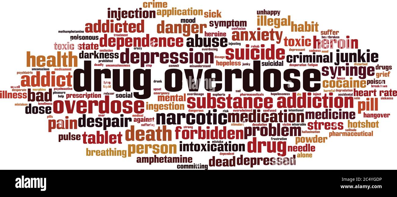 Drogenüberdosis Wort Wolke Konzept. Collage aus Worten über die Überdosierung von Drogen. Vektorgrafik Stock Vektor