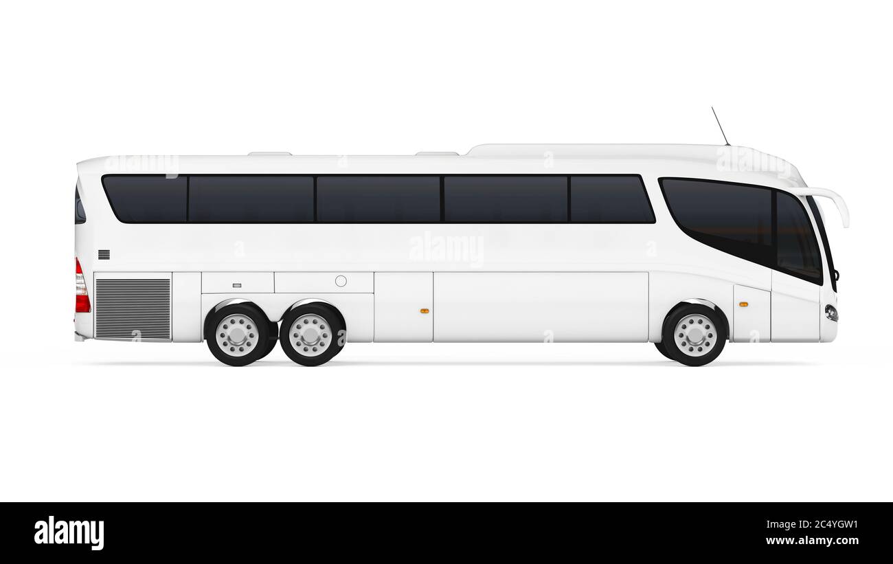 Big White Coach Tour Bus mit Blank Oberfläche für Ihre Design auf weißem Hintergrund. 3d-Rendering Stockfoto