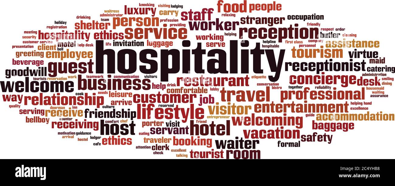Cloud-Konzept für Hospitality Word. Collage aus Worten über Gastfreundschaft. Vektorgrafik Stock Vektor