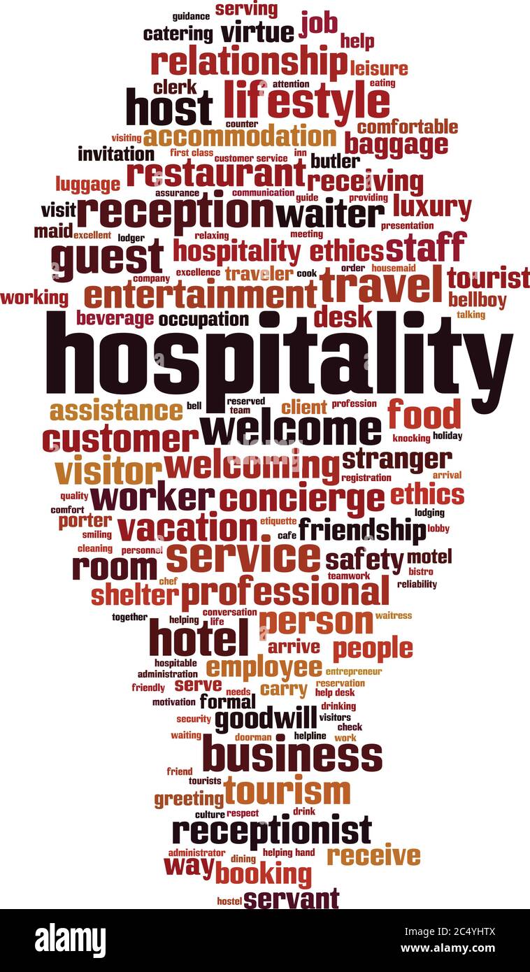 Cloud-Konzept für Hospitality Word. Collage aus Worten über Gastfreundschaft. Vektorgrafik Stock Vektor