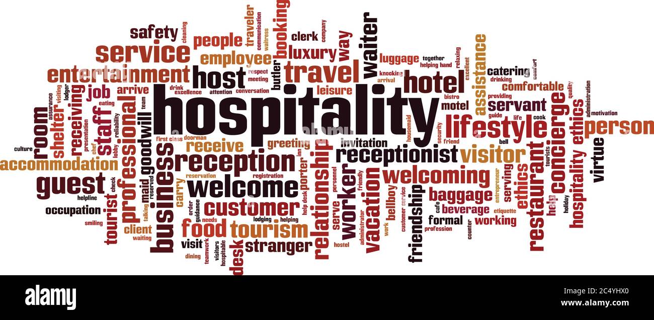 Cloud-Konzept für Hospitality Word. Collage aus Worten über Gastfreundschaft. Vektorgrafik Stock Vektor