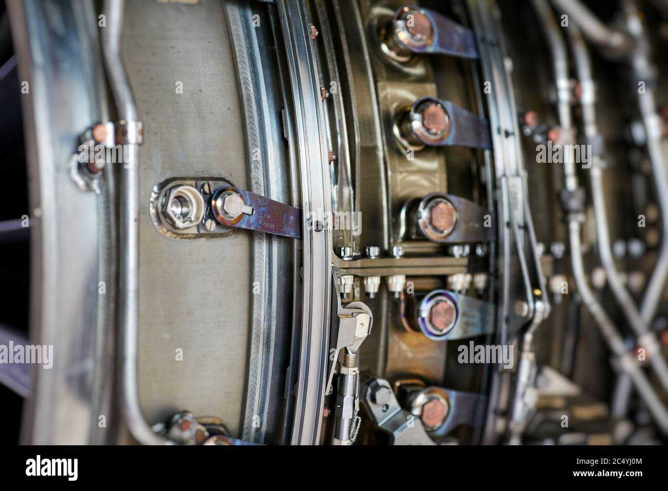 Jet-Motor. Flugzeug-Motor Seitenansicht aus nächster Nähe Stockfoto