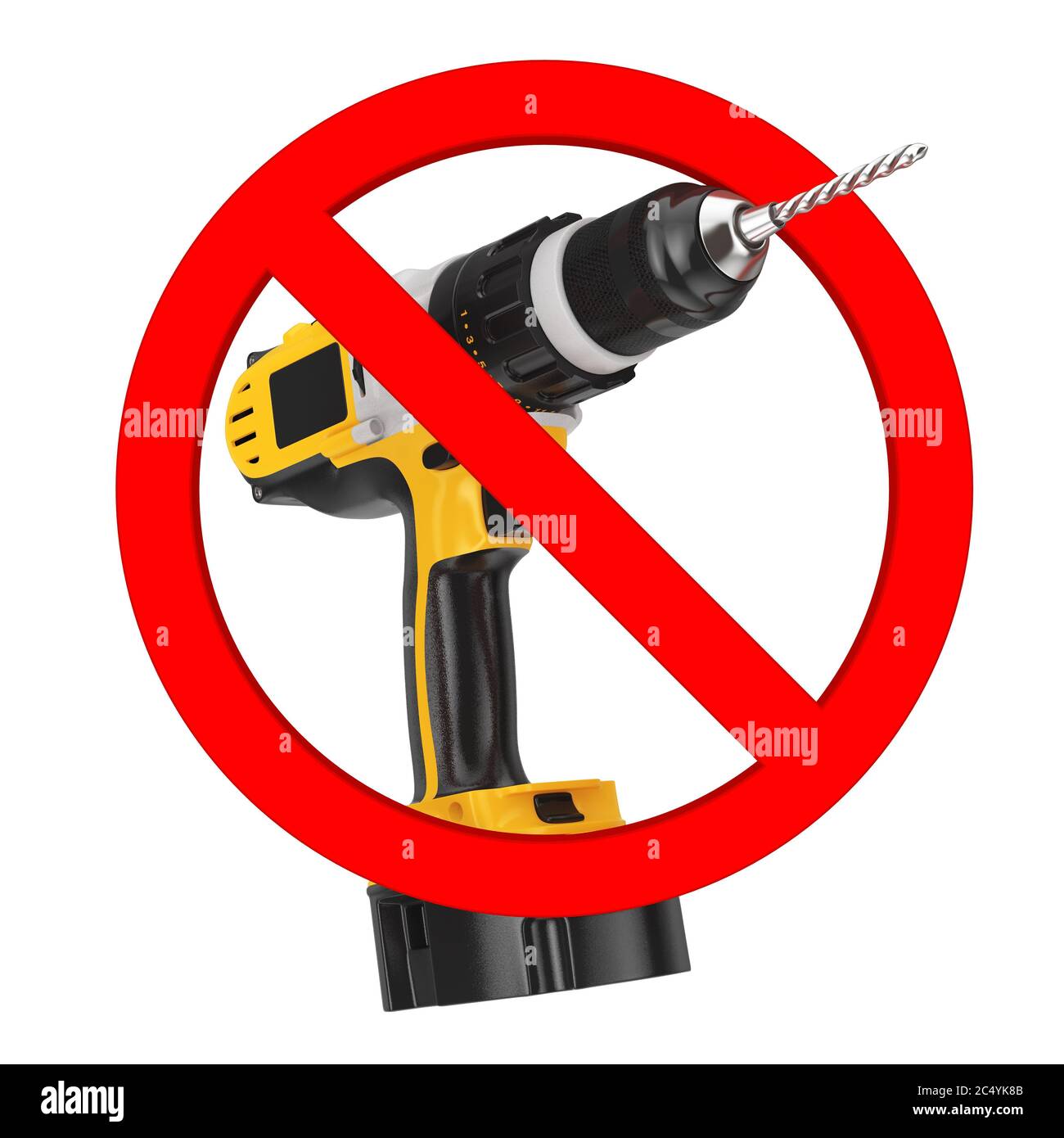 Kein Bohrschild. Gelb wiederaufladbare und schnurlose Bohrmaschine im Prohibition Red Circle auf weißem Hintergrund. 3d-Rendering Stockfoto